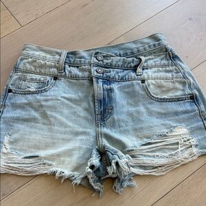 Double-Button Light Blue Distressed Denim Shorts